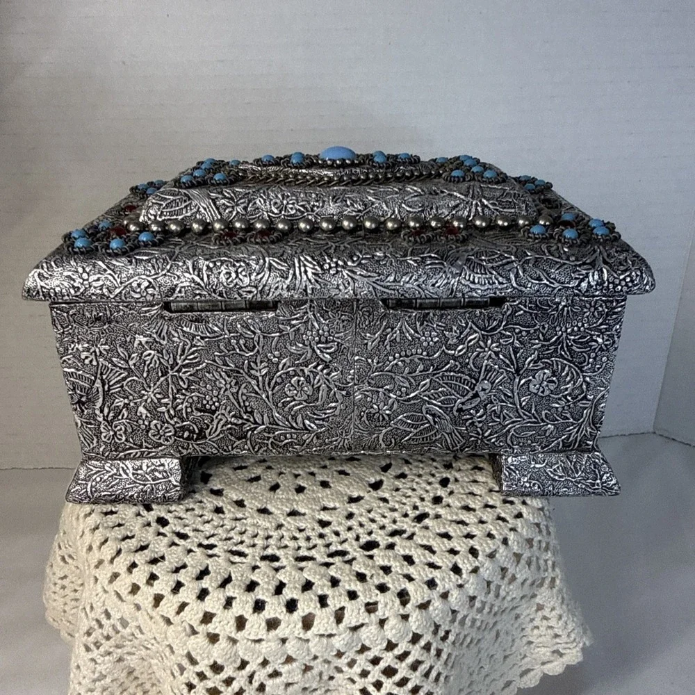 Vtg. 1970s Decorative Handmade Silver Tone Jewelry Box Turquoise Ruby Pearl Bead